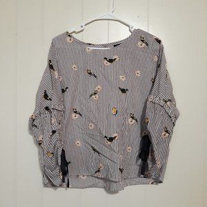 Nanette Lepore Medium striped bird summer spring Print Tie Bell Sleeve Blouse